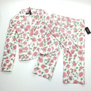 Nicole Miller Pant Suit Women 6/8 Pink White Floral Jacket Crop Pants Barbiecore